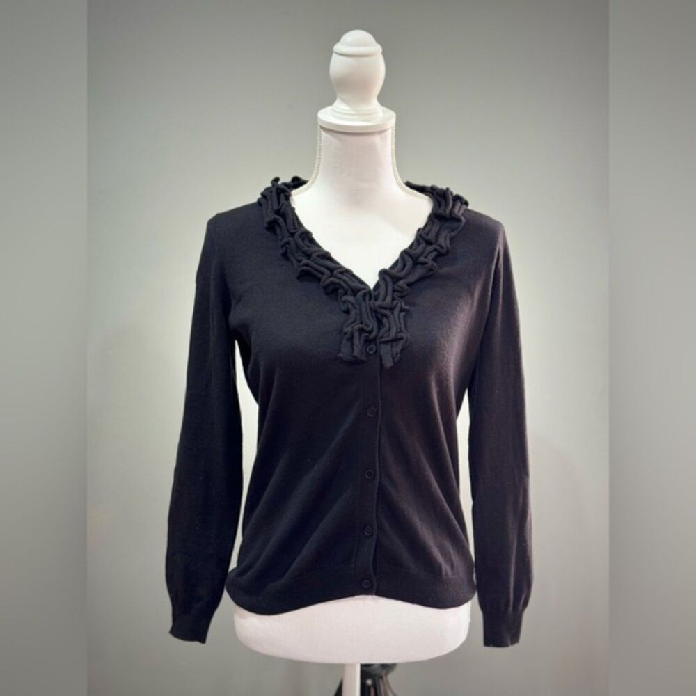 SALE! Black Talbots Ruffle Edge Cardigan Sweater Size SP EUC
